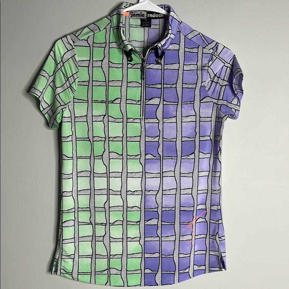 Jamie Sadock Green and Purple Polo Shirt with Geometric Pattern Womens golf